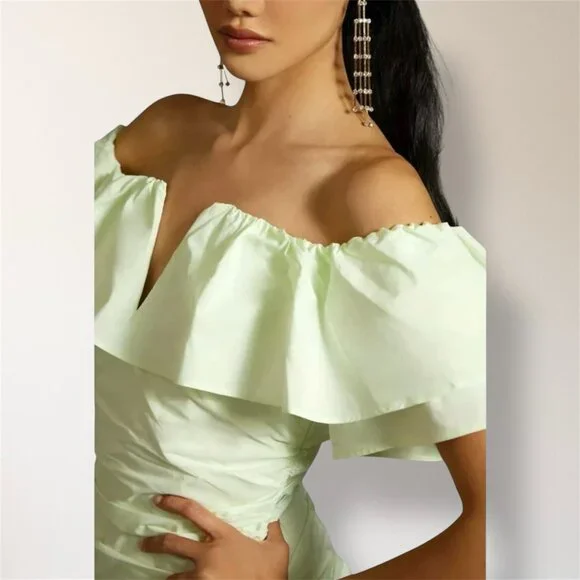 Maeve Anthropologie 0 Off Shoulder Green Ruffle Ruched Mini Dress Party  Wedding
